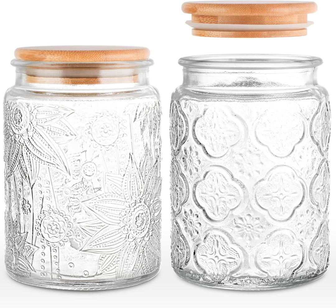 GUEQUITLEX Vintage Glass Jar with Lid, 24oz Food Storage Containers 2 Pack Clear Mason Jars With Airtight Lid for Kitchen Counter,Food Storage, Dry Food, Snacks, Candies, DIY Projects