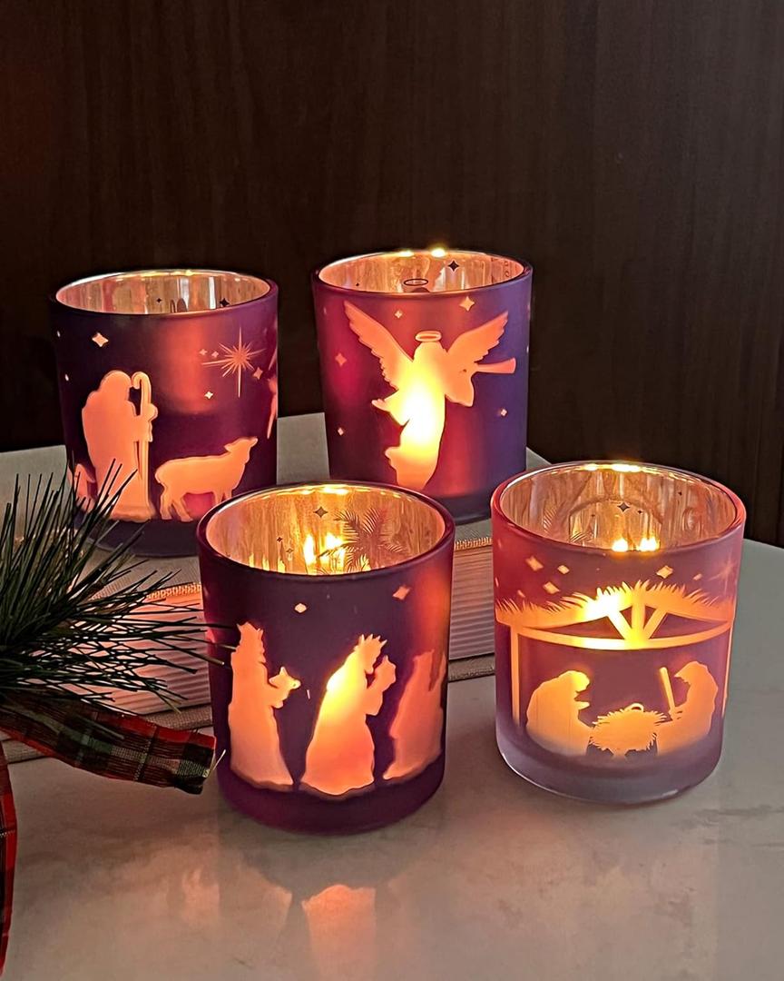 Advent Candle Holder Set of 4, Christian Decoration Votive Candle Holders, Glass Tealight Holders for Christmas Table Centerpieces Nativity Decorations, Purple & Pink