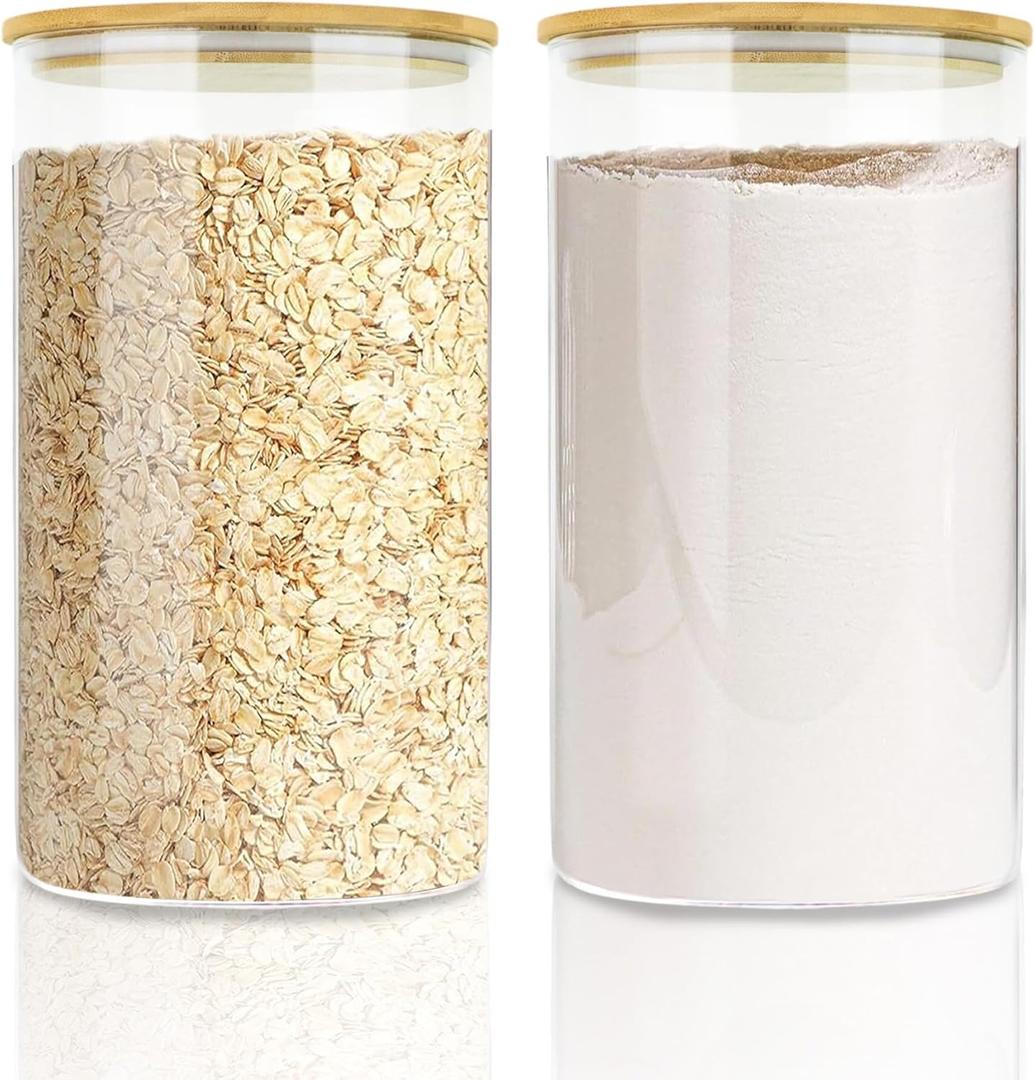Large Glass Cereal Containers Storage with Airtight Bamboo Lids,Pantry Storage Container,Perfect for Kitchen Organization - Flour, Rice, Pasta, Sugar, Coffee Beans, Accessories Included,2 packs(168oz)