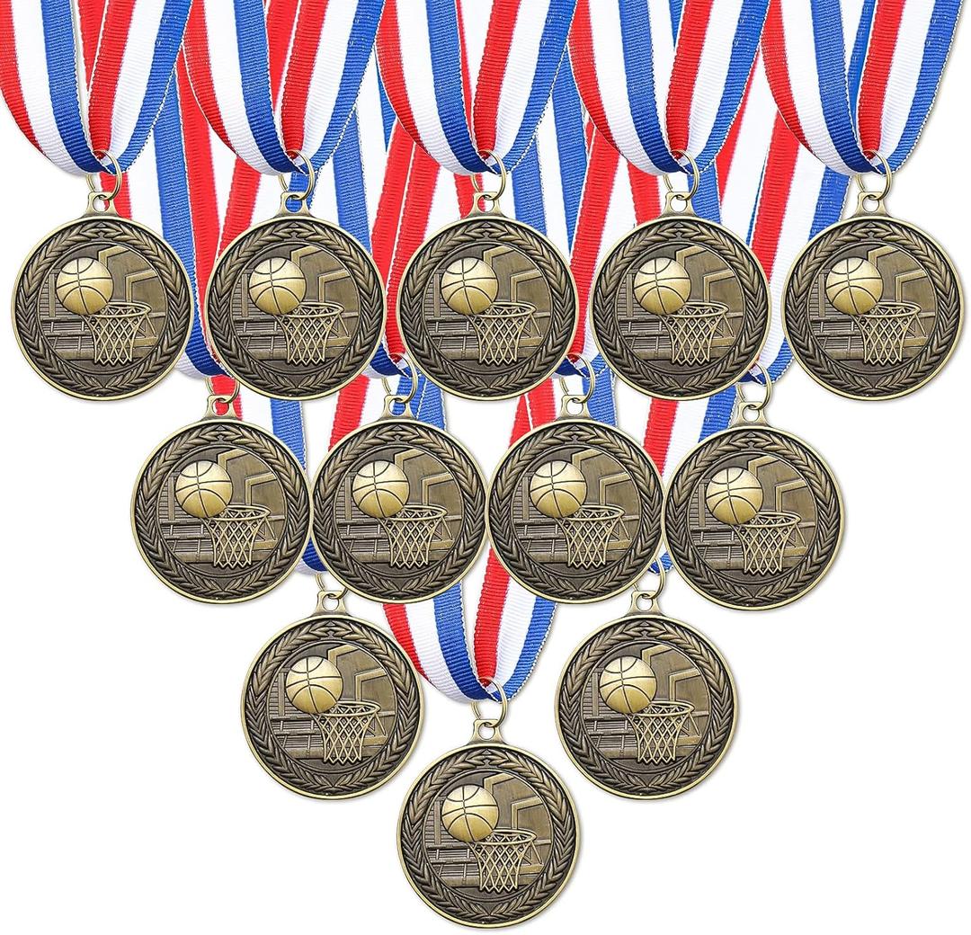 RoundFunny 12/24/36 Pcs Award Medals Bulk Basketball Soccer Football Gold Silver Bronze Trophy Award with Neck Ribbon Sports Medal Prize Gifts for Sports Competition Party