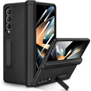 Ruky for Samsung Galaxy Z Fold 4 Case with Hinge Protection, Full Body Cases with Magnetic Kickstand & Screen Protector PU Leather Protective Stand Phone Case for Samsung Galaxy Z Fold 4, Black