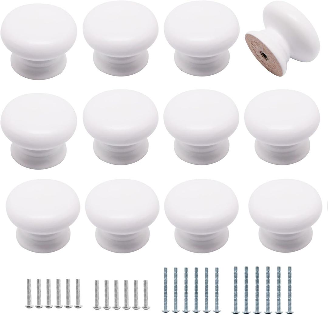 12pcs Wooden Cabinet Knobs, Wood Dresser Knobs Kitchen Cabinet Knob Modern Round Knob for Furniture Cupboard Dresser Drawer Closet Door (White)