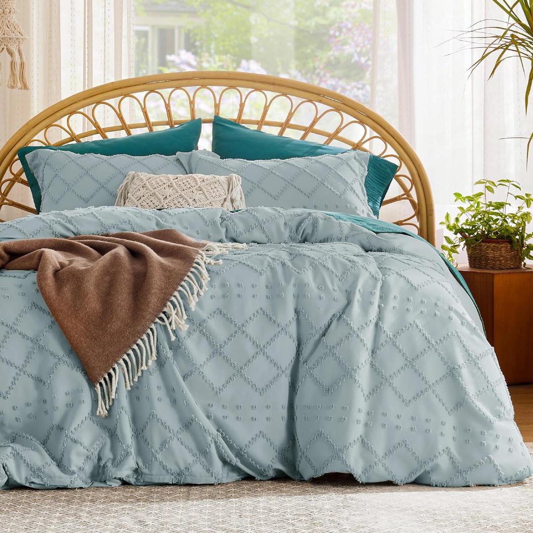 Bedsure Boho Duvet Cover Queen Size - Boho Bedding, Tufted Queen Duvet Cover for All Seasons, 3 Pieces Embroidery Shabby Chic Home Bedding,Comforter Not Included (Dusty Blue, 90" x 90")