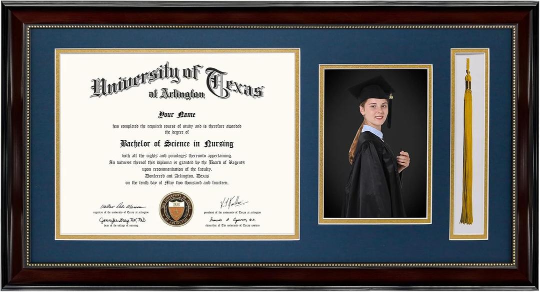 GraduationMall 11x22 Mahogany Diploma Frame with Tassel Holder and Picture for 8.5x11 Certificate 5x7 Photo,Real Glass,Navy over Gold Mat 