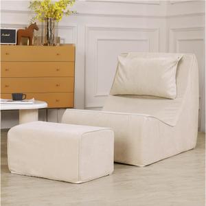 Giant Bean Bag Chair for Adults - Indoor Chaise Lounge with Neck Pillow & Ottoman, All-in-One Sponge Design, Comfy Floor Chair for Reading, Gaming, Napping, and Movies (Khaki)