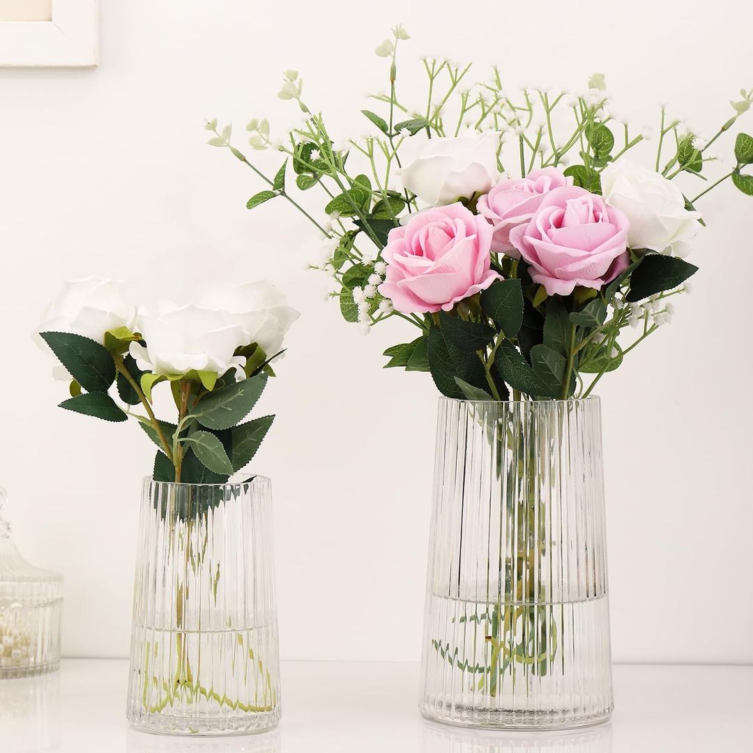 Ribbed Flower Vases Set of 2, Clear Vases for Flowers, Flower Vase for Bouquet, Modern Ribbed Glass Vase for Living Room, Bedroom, Dining Table, Office, Wedding, Centerpieces (Large+Medium)