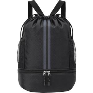 Pimoys Drawstring Backpack Gym Bag, Waterproof String Backpack with Side Mesh Pockets, Beach Bag for Basketball, Soccer, Swim, Wrestling Bag for Women Men