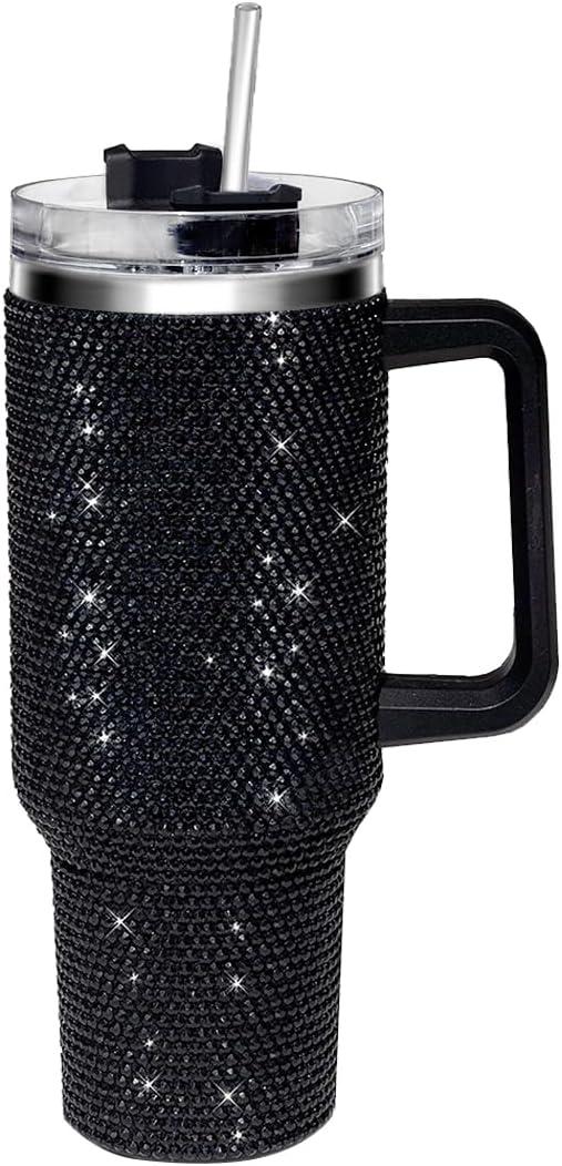 40oz Tumbler with Handle-Glitter Rhinestones Tumbler Bling Cups Stainless Steel Water Bottle Diamond Studded Tumbler for Women-Birthday Gifts for Women, Mom, Wife, Girlfriend (40 oz, Black)