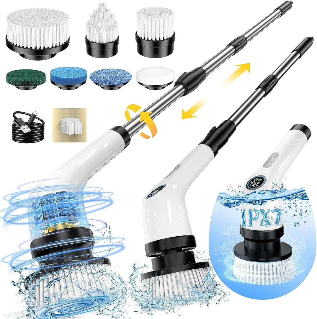 Electric Spin Scrubber Upgraded Battery with Extra-Long Runtime, IPX7 Waterproof Power Cleaner with 7 Brush Heads, 2 Speeds Adjustable Long Handle for Bathroom, Floor, Shower, Tile & Kitchen Cleaning (White)