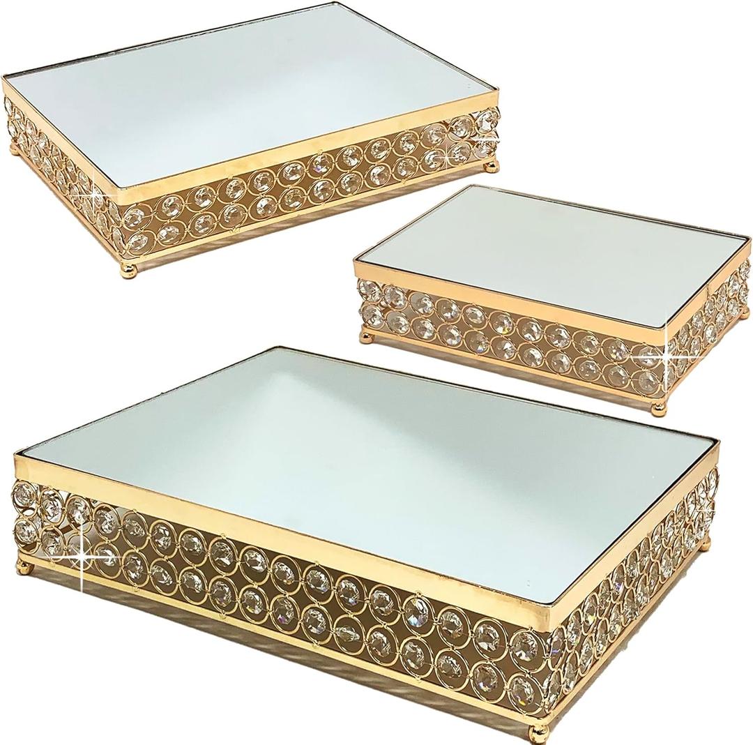Allgala Wedding Cake Stands 3-Piece Set Crystal Gold Plated Cheese Dessert Cupcake Cake Stand with Mirror Plate-Gold Rectangle-HD89203