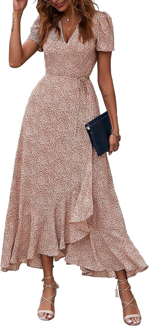 PRETTYGARDEN Women's Summer Maxi Dress Casual Wrap Floral Boho Short Sleeve V Neck Split Ruffle Beach Long Dresses (Medium, Brown)