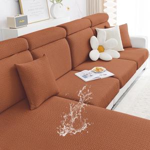 Smiry Waterproof Couch Cushion Covers, Stretch Jacquard Sectional Couch Covers, L Shape Chaise Lounge Sofa Slipcover, Washable Elastic Furniture Protector for Pets, Kid (Chaise Cover, Rust)