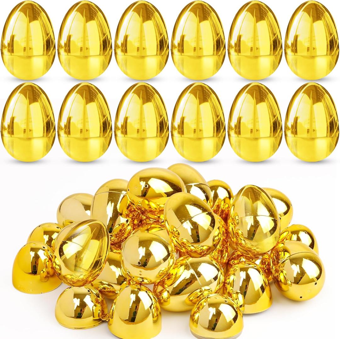 36 Pack Golden Easter Eggs Empty 2.4" Shiny Metallic Plastic Easter Eggs Fillable Surprise Gold Eggs for Easter Egg Hunt Fillling Candy Treats Toys Basket Stuffers Filliers Classroom Rewards Prizes