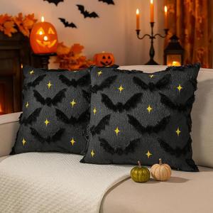 Halloween Pillow Covers 18x18 Inch Set of 2 Black Bat Halloween Throw Pillow Covers Holiday Farmhouse Pillowcase Couch Cushion Case for Indoor Outdoor Home Sofa Decor