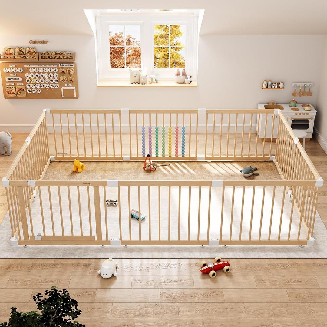 IKALIFE Extra Large Wooden Baby Playpen - Size Adjustable Fence for Babies and Toddlers, Baby Play Yard with Locking Gate, Indoor Play Pen for Kids Activity Center 10 Panels 94.563.5