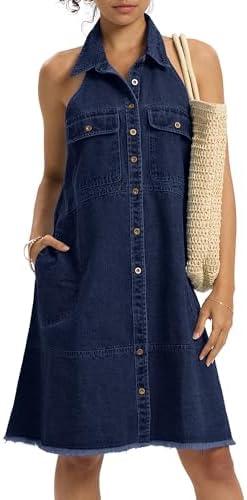 Locachy Women's Summer Sleeveless Halter Neck Button Down Denim Dress Casual A-Line Jean Shirt Dresses, size M