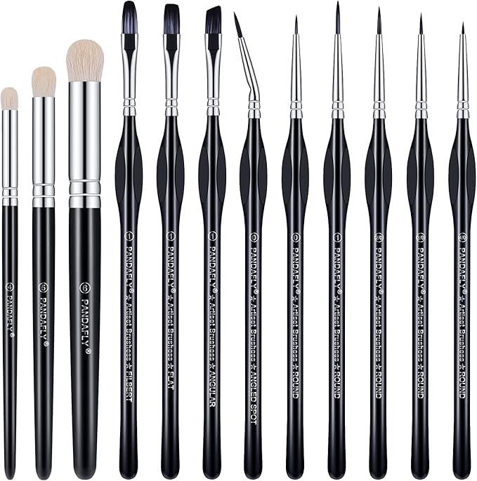 PANDAFLY Miniature Paint Brushes Drybrush Set, 12 Sizes Miniature Brushes, Micro Detail Paint Brush Set, Small Fine Detail Brushes for Acrylic, Watercolors & Paint by Number, Figurine