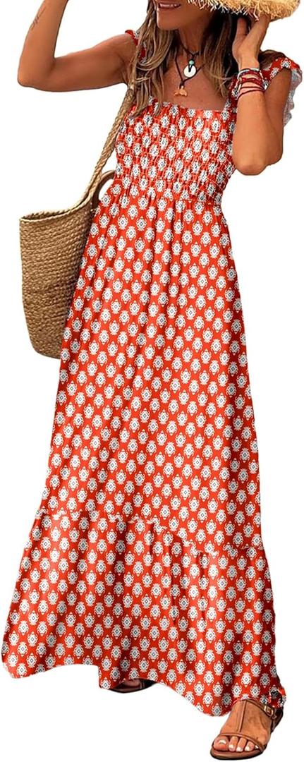 LOLONG Maxi Dress for Women Summer Boho Spaghetti Strap Square Neck Ruffle Beach Sun Dress (Large, Printed Vermilion)
