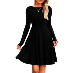 PRETTYGARDEN Women's Spring Fall Short Dress Ribbed Knit Crewneck Long Sleeve A Line Flowy Casual Elegant Going Out Dresses XL