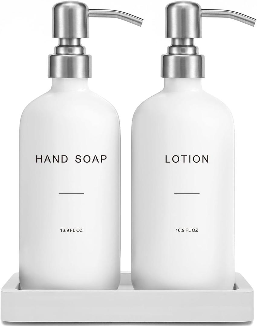 White Soap Dispenser Bathroom Set, Hand and Lotion Dispenser with Pump, Perfect for Bathroom Essentials for New Home (Silver & White)
