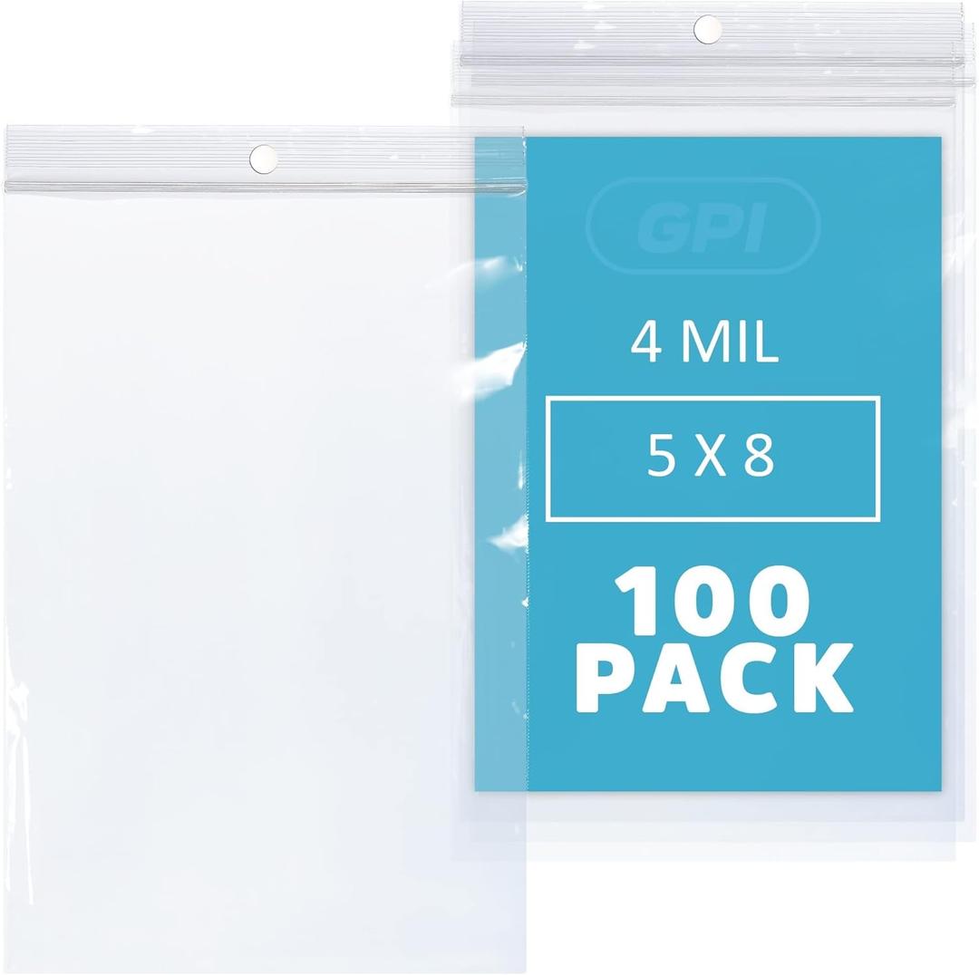 GPI - 5" X 8" Clear Plastic Zip Bags, 100 Count, Heavy-Duty 4 Mil Thick Durable Poly Baggies With Resealable Zipper Lock, Hang-Hole For Display.
