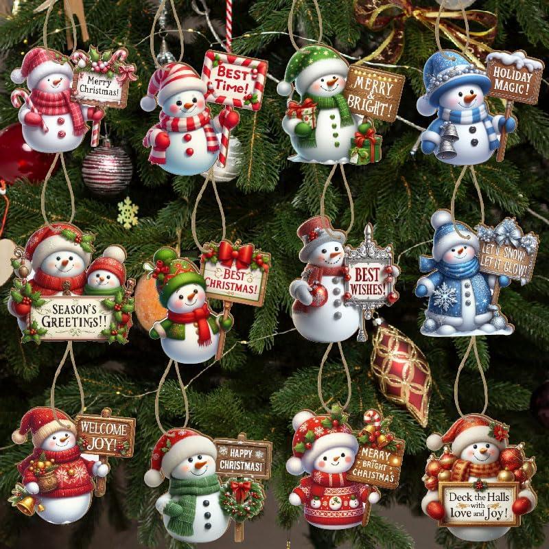 36Pcs 12-Design Cute Christmas Snowman Wooden Ornaments with Hemp Rope | Sign-Holding Xmas Tree & Home Decor