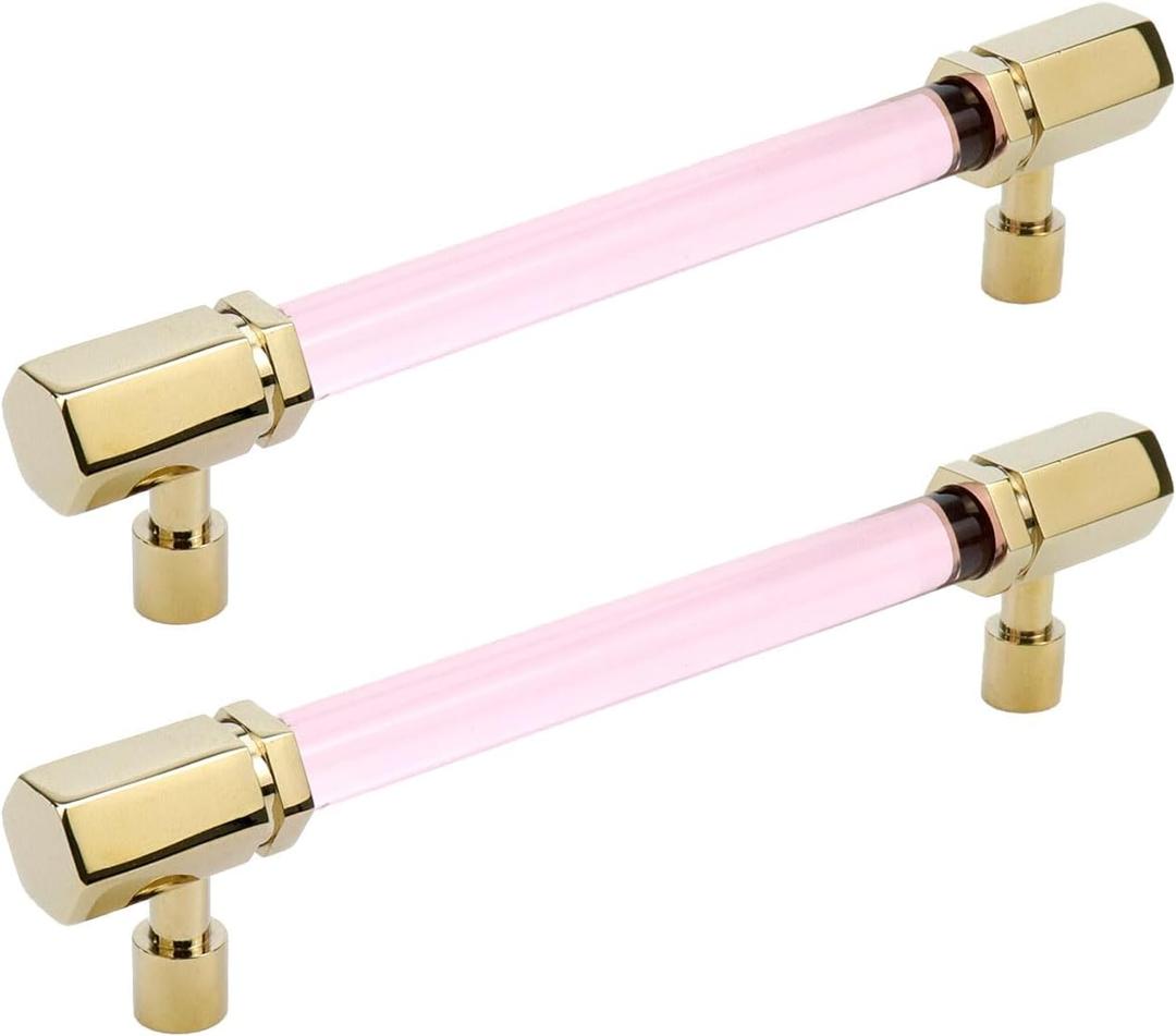 Antrader Pink Crystal Cabinet Pulls,4Pcs Drawer Pulls Kitchen Cabinets Handles Pink and Golden Crystal Handles with Brass Base for Cabinets 5 Inch(132mm) Hole Distance