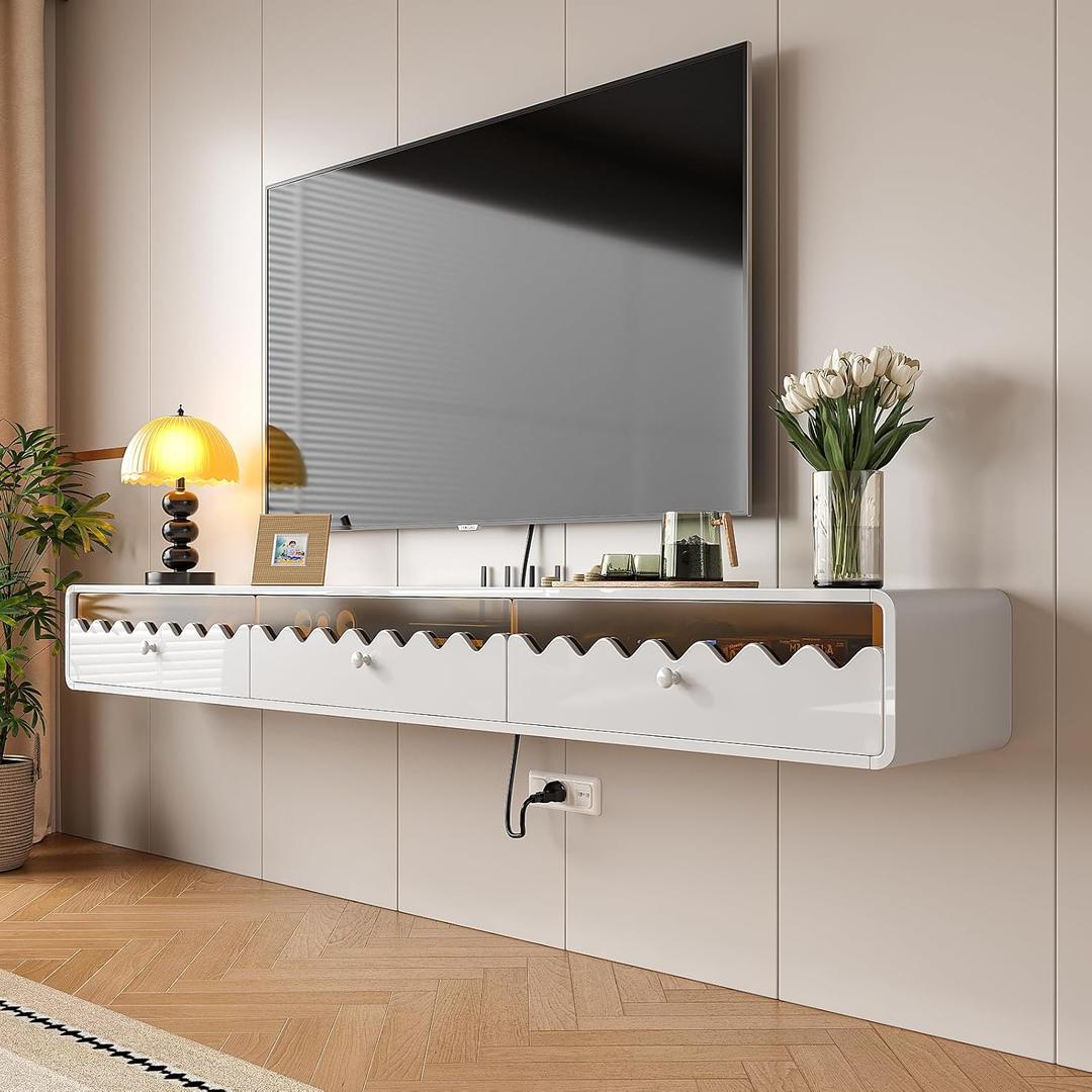47'' Floating TV Stand with Glass Drawers and Door, Wall Mounted TV Console,Stylish Floatting Entertainment Center Media Console Under TV Shelf for Living Room Bedroom,Fully-Assembled