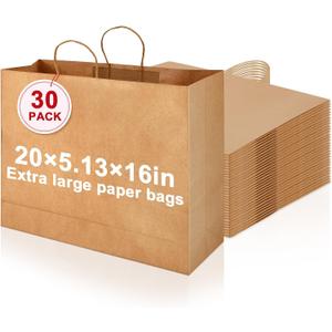 Maitys 30 Pcs 20x16x5 Inch Extra Large Paper Gift Bags with Handles Bulk Kraft Bags for Business, Merchandise, Gifts, Shopping, Retail Stores, Birthday Party Brown Color for Multiple Uses