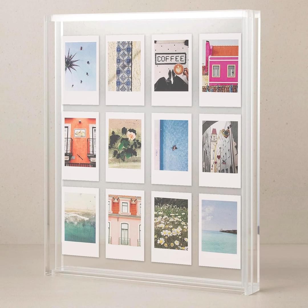 Elil Polaroid & Fujifilm Instax Frame  Clear Acrylic Floating Picture Frame 11.8" x 10.2" Holds 8x10 Photo or 12 Instax Mini Polaroid Go Prints Double-Sided Collage Display for Wedding & Graduation