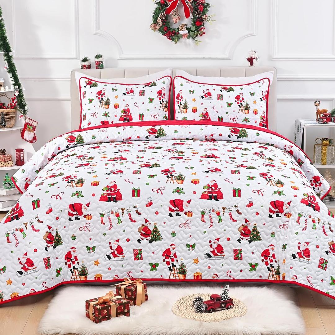 Yinhua 3 Piece Christmas Quilt Set, Santa Claus Queen Quilt Bedding Sets with 2 Pillow Shams, Reversible Quilts Sets Soft Lightweight Bedspread Coverlet for Winter Christmas Decor, 90'' x 90'' (Xmas Tree & Stockings)
