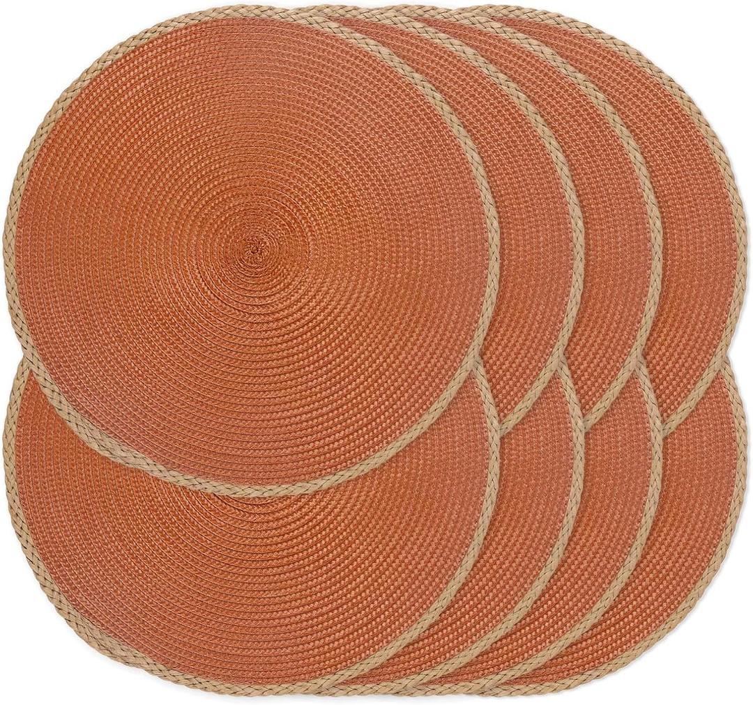 Noctiflorous Braided Round Placemats Set of 8, 15 Inch Woven Table Mats, Non-Slip Washable Thin Edge Place Mats for Kitchen Dining Table Decor (Dark Orange, 8)