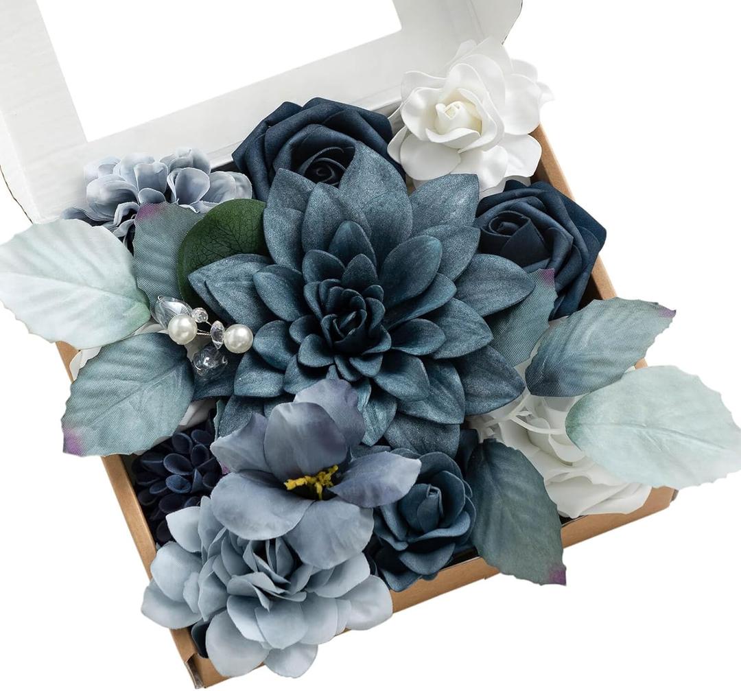Ling's Moment Fake Flowers Box, Artificial Faux Greenery Stems Foam Dahlia Silk Hibiscus for Wedding Decor Centerpieces Table Decorations Floral Picks Arrangements, Dusty Blue, Mini Combo