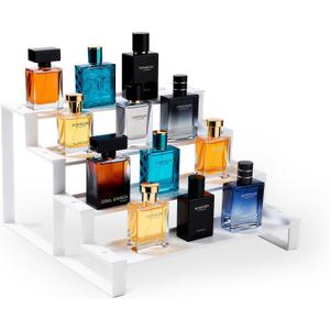GOENDR Cologne Organizer for Men, 11.8 inch 4 Tier Metal Perfume Organizer Stand, Versatile Step Display Risers Shelf for Fragrance, Skincare, Figurine, Cupcake, Dessert, Spice, 1 Set White