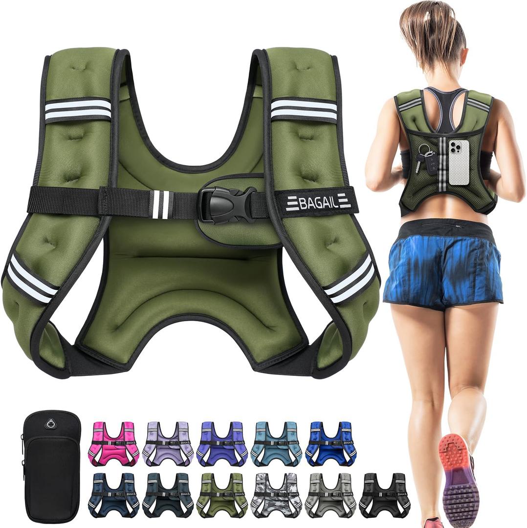 BAGAIL Weighted Vest, 5lb/8lb/10lb/12lb/15lb/20lb/25lb/30lb Weight Vest for Walking & Weight Loss, Reflective Rucking Vest with Phone Pouch for Women & Men, Home Gym & Outdoor Training (Green)