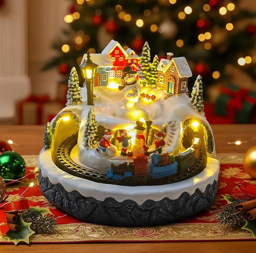 Christmas Village Decoration with Spinning Train & Snowman, Musical Collectible Buildings, 8 Songs, LED Lights, Timer Function, and Dual Power Options (USB or Battery) - Perfect Holiday Decor & Gift