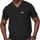 FIGS Leon Scrub Top for Men  3 Pockets, Tailored Fit, Modern V-Neck, 4-Way Stretch, Moisture-Wicking (XX-Large, Black)