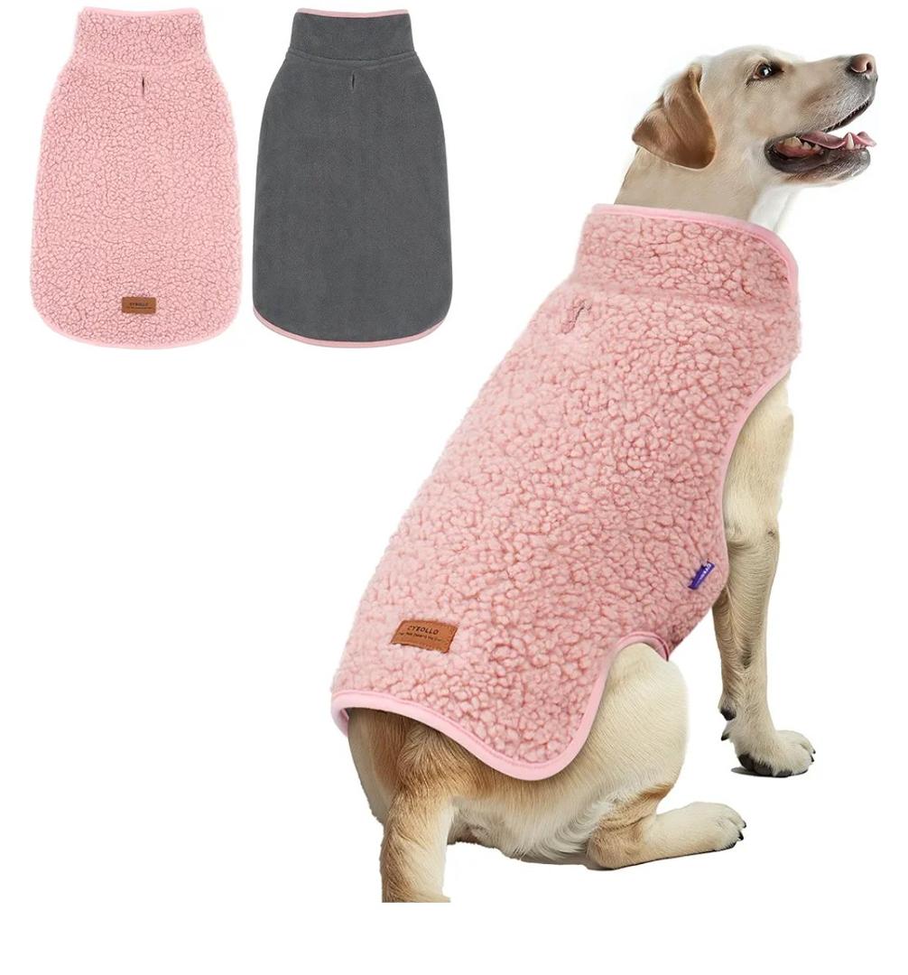 Sherpa Dog Coat Turtleneck Reversible Fleece Vest Sweater Thick Pet Clothes for Cold Weather Winter Jacket Warm Dog Coats for Large Dogs, Pin, L