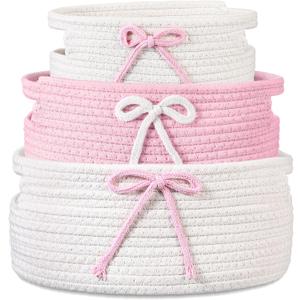 Breling 3 Pieces Coquette Bow Laundry Hamper Cotton Rope Storage Basket Bow Woven Gift Baskets Rope Bin with Handles for Decoration Organization Storage for Nursery, Pet Toy Basket(Pink, White)