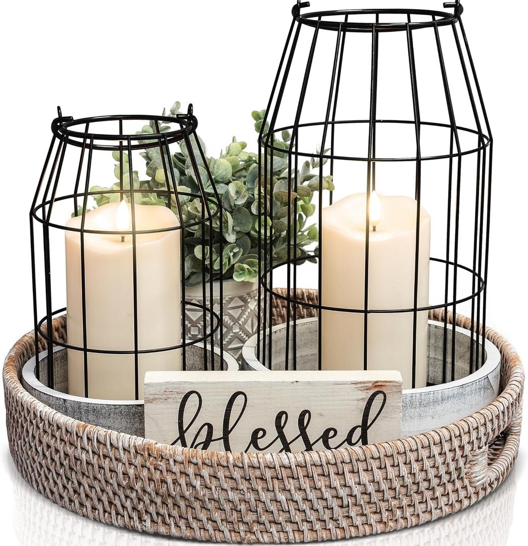 Rustic Farmhouse Lantern Decor Set of 2 - Stylish Decorative Lanterns for Your Living Room, Fireplace Mantle or Kitchen Dining Table - Modern Upscale Beauty for Your Entire Home (Black/White)