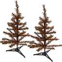 (2) Halloween Artificial Mini Trees with Stand, 18 Inches Orange and Black Tinsel Branches Sturdy Base Spooky Indoor Decoration Haunted House Props Tabletop Accents Party Decor Creepy Display