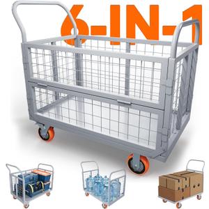 YITAMOTOR 2000lbs Platform Truck Cart with Cage, 6-in-1 Foldable Heavy Duty Hand Truck Flatbed Cart with 6" Swivel Casters, Multi-Functional Push Dolly for Grocery, Laundry, Warehouse, Storage