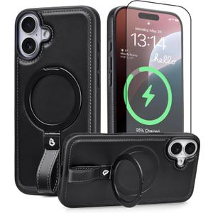 for iPhone 17 Case Leather | iPhone 17 Leather Case with Stand | Compatible with MagSafe with Magnetic Ring Grip Holder (Black, IP17-6.3inch)