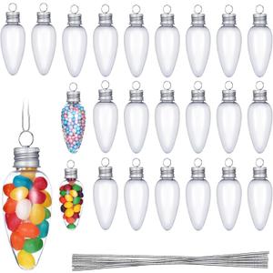 Patelai 24 Pcs Christmas Fillable Light Bulb Ornaments DIY Crafts 4.1'' Clear Plastic Light Bulb Jars with Screw Off Bottle Caps and String for Candy, Juice, Xmas Tree Decor Party Favors
