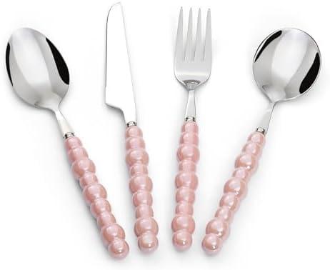 Koythin 4-Piece Cutlery Set, Stainless Steel Flatware Sets with Chubby Bubble Pattern Ceramic Handle, Utensils including Knife Fork Spoon (Pink)