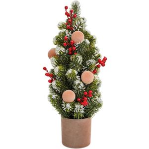 Small Christmas Tree with Red Berries Balls in Brown Pot, 17.7 inch Snow Frosted Artificial Mini Christmas Tree, Flocked Christmas Artificial Pine Tree in Tin Planter Christmas Decor
