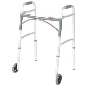 Drive Medical Two-Button Folding Walker with Wheels, Height Adjustable | Two-Button Rolling Walker Features Dual Push-Button Operation, Adjustable Height and Durable Aluminum Frame