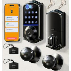 Veise VE017-K Fingerprint Smart Lock with 2 Knobs, App Control, Keyless Entry Front Door Lock Set, Electronic Touchscreen Keypad Deadbolt, Emergency Power Port, Easy Install, Auto-Lock, Matte Black