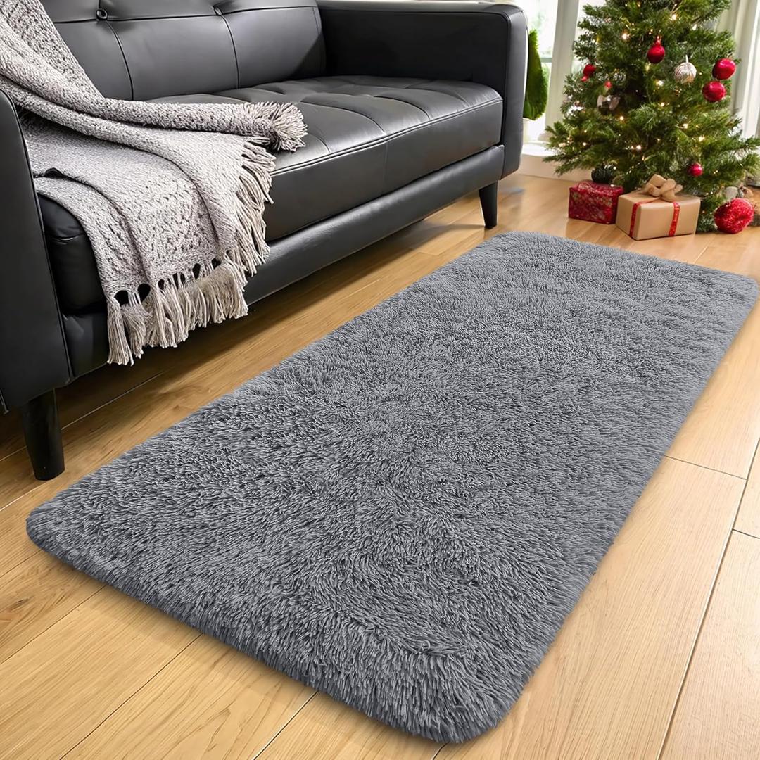 OLANLY 2x4 Machine Washable Runner Rugs for Hallway, Soft Fluffy Shaggy Bedside Rugs for Bedroom, Living Room, Indoor Floor Carpet for Kids Girls Boys, Nursery Rooms, Home Decor Aesthetic, Light Grey
