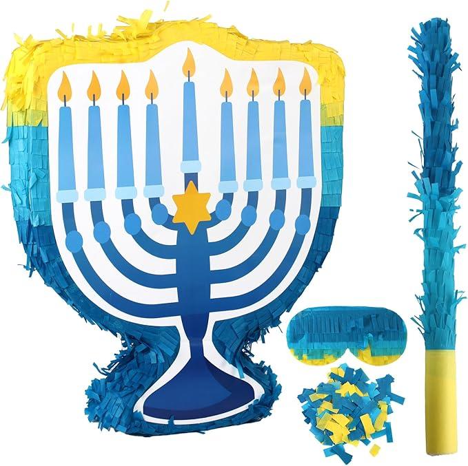 Menorah Pinata Set Hanukkah Winter Birthday Party Supplies with Eye Mask Sticks Hanukkah Themed Party Holiday Games Newborn Baby Photo Prop Decoration
